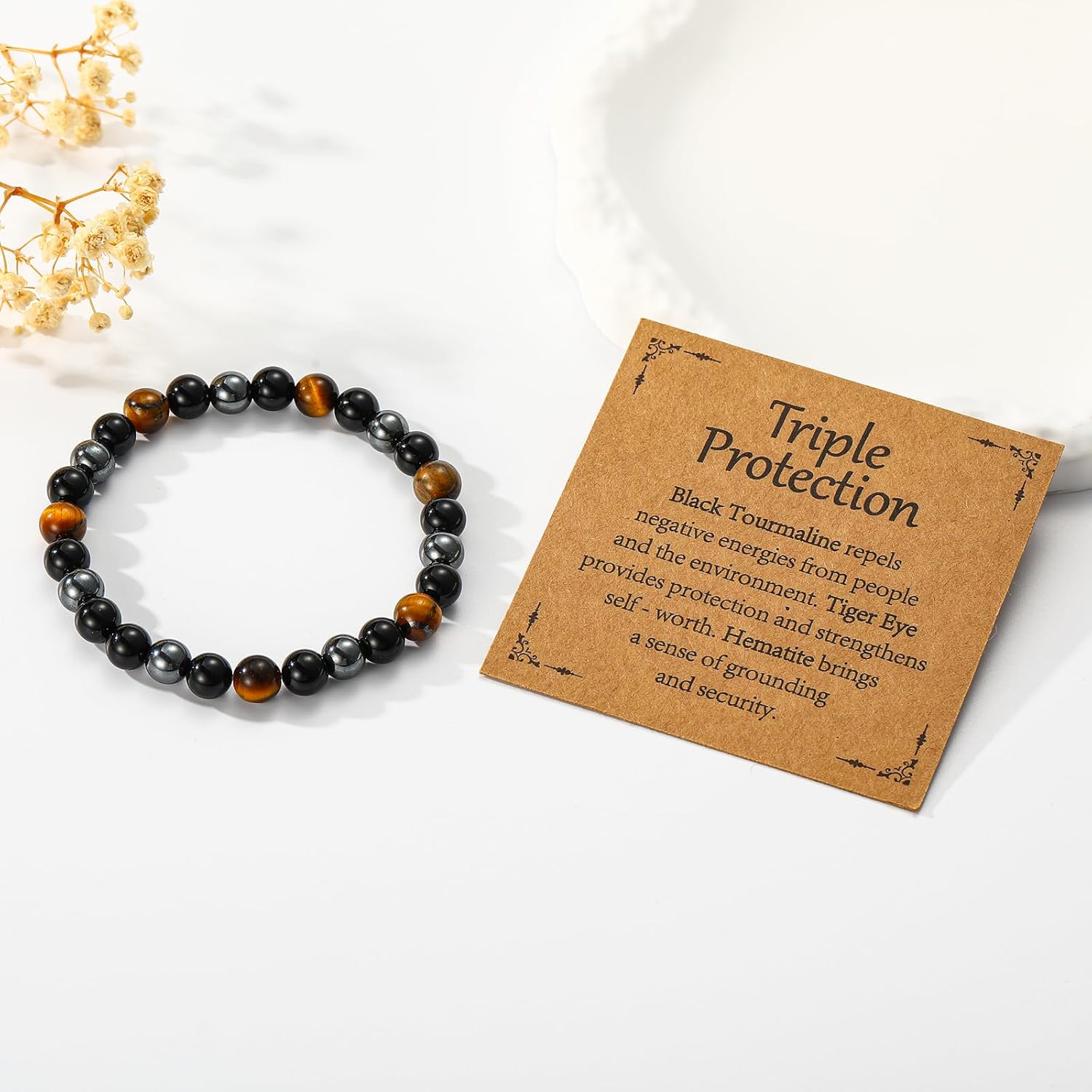 Gnamy Healing Crystal Bracelet for Women, Natural Stone Beaded Healing Crystal Bracelet Triple Protection Stress Relief Beads Jewelry Birthday Gifts Jewelry for Her