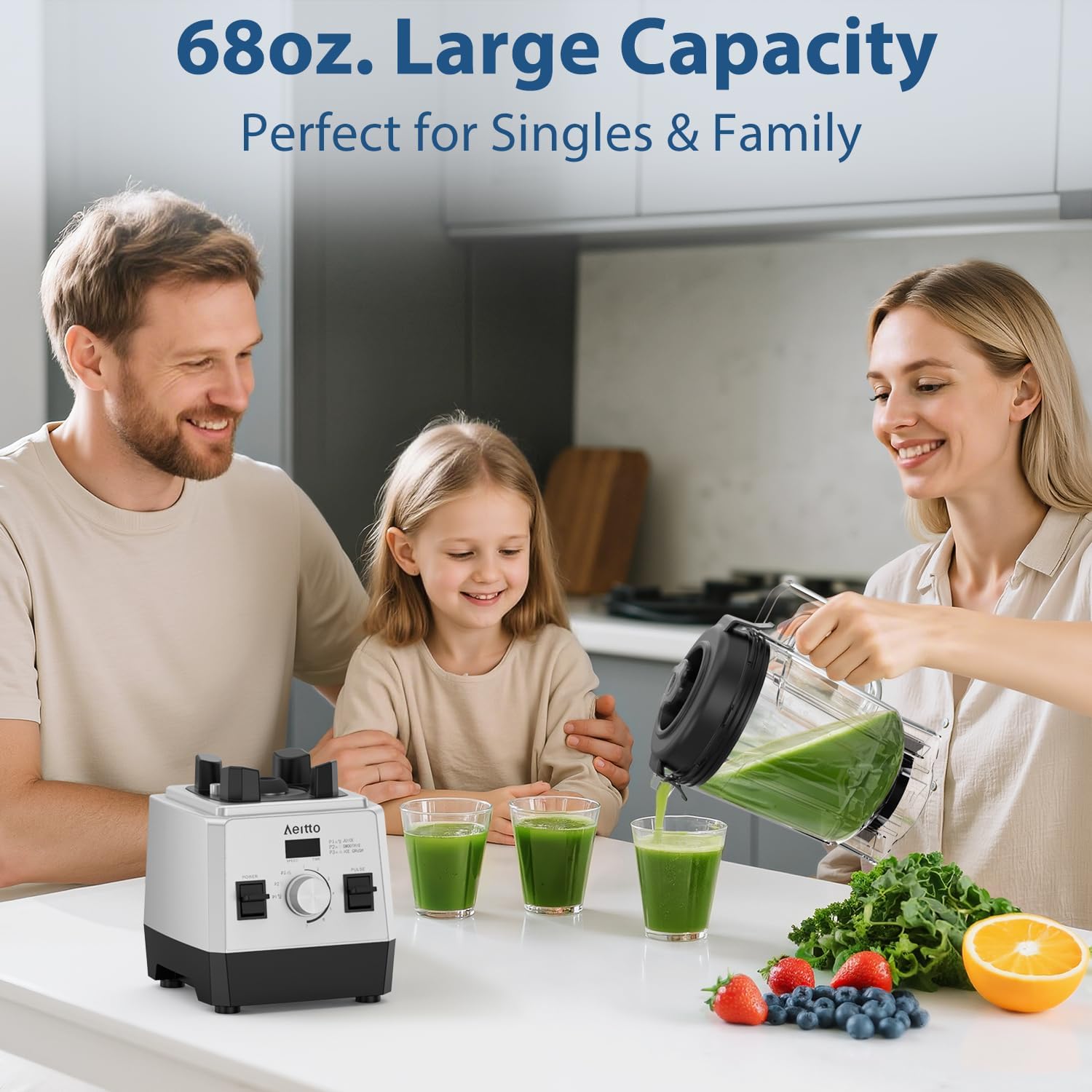 Aeitto Blenders For Kitchen With 68Oz. Jar, 1800W Max Power Smoothie Blender, 3 Preset Programs & 7 Speeds, Professional Countertop Blender For Smoothies, Ice Crush, Frozen Drinks, Silver