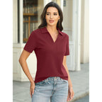 Womens Cotton Polo Shirts Short Sleeve V Neck Collared Tops Loose Fit Work Blouses Casual Summer Outfits 2026
