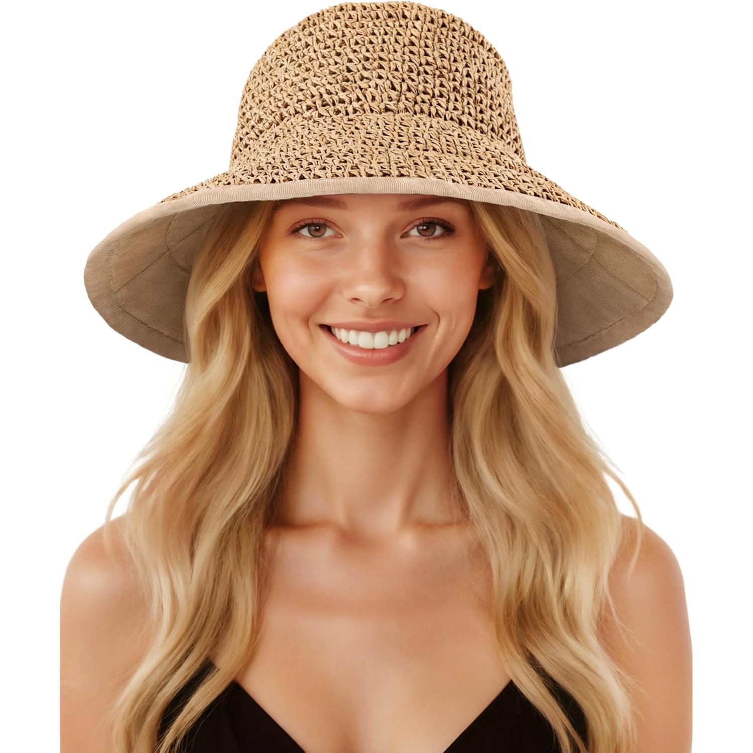 Senker Fashion Sun Hats for Women UV Protection Handmade Wide Brim Packable Straw Bucket Hat for Beach Summer Vacation Travel