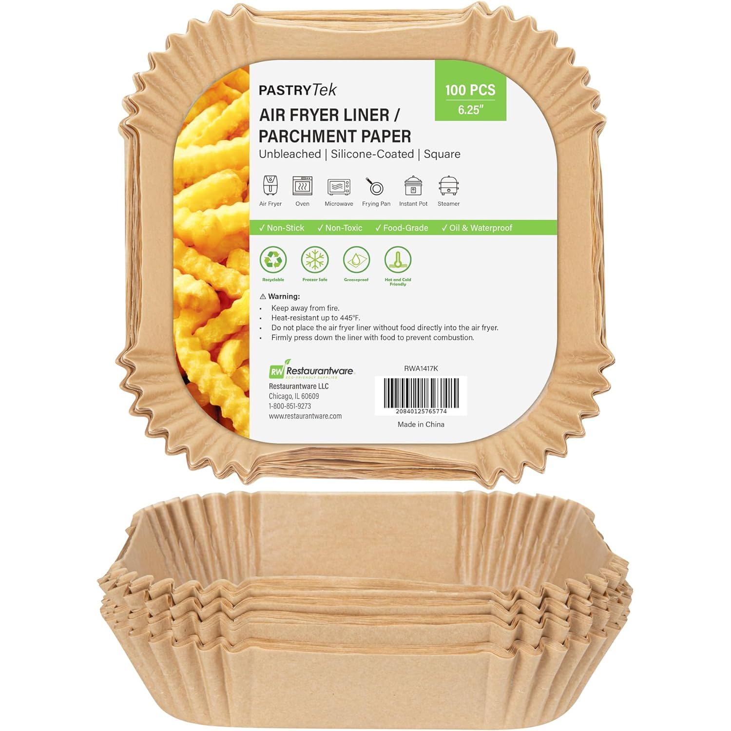 Restaurantware-Pastry Tek 6.3 x 6.3 x 1.8 Inch Air Fryer Liners, 100 Square Air Fryer Baskets - No-Stick Silicone Coating, Unbleached, Food-Grade Paper Liners, For Steamer, Microwave, Oven, Fry Pan