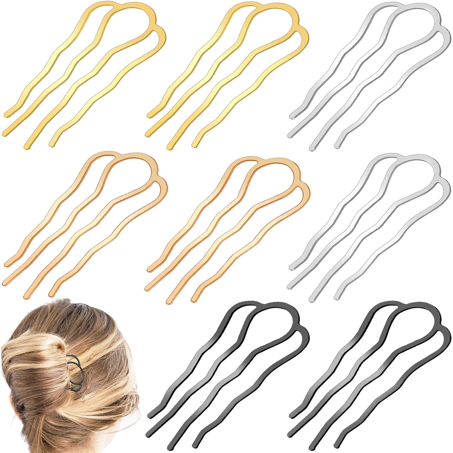8 Pieces Hair Side Combs, Metal Hair Fork Clip Hair Pins For Buns Hair Updo U-Shape Hair Sticks For Women Hair Styling Tool Accessories (Mixed)