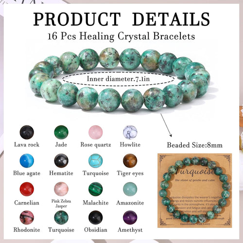 16 PCS Healing Crystal Bracelet for Women Men 8mm Natural Stone Beaded Bracelets Round Gemstones Stretch Bead Bracelet Birthday Gifts