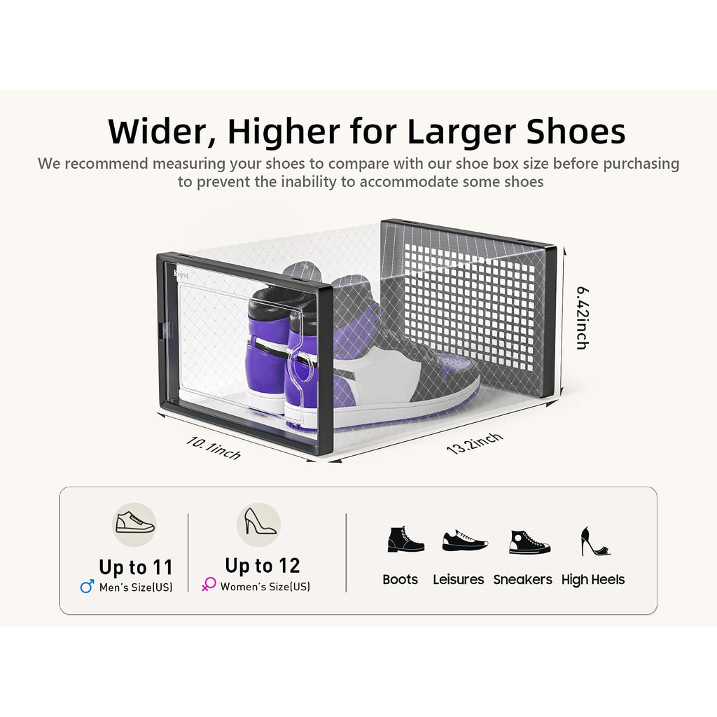 Kuject X-Large Shoe Storage Boxes Organizers Clear Plastic Stackable 12 Pack, Shoe Rack & Holder Substitute, Sneaker Containers, Toy Storage Organizer Bins For Entryway, Closet, Under Bed, Black