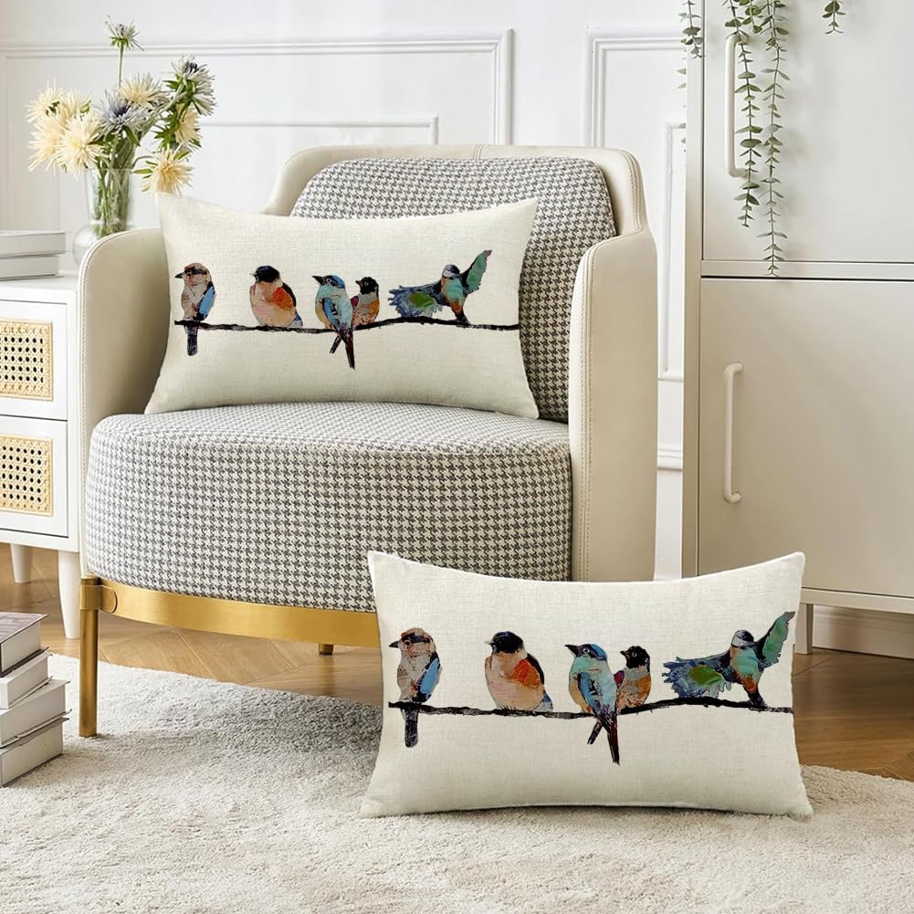 Outdoor Pillow Covers Waterproof 12X20,Outdoor Bird Lumbar Throw Pillow Cases Small Decorative Pillows For Couch Patio Furniture Polyester Linen Teal Blue
