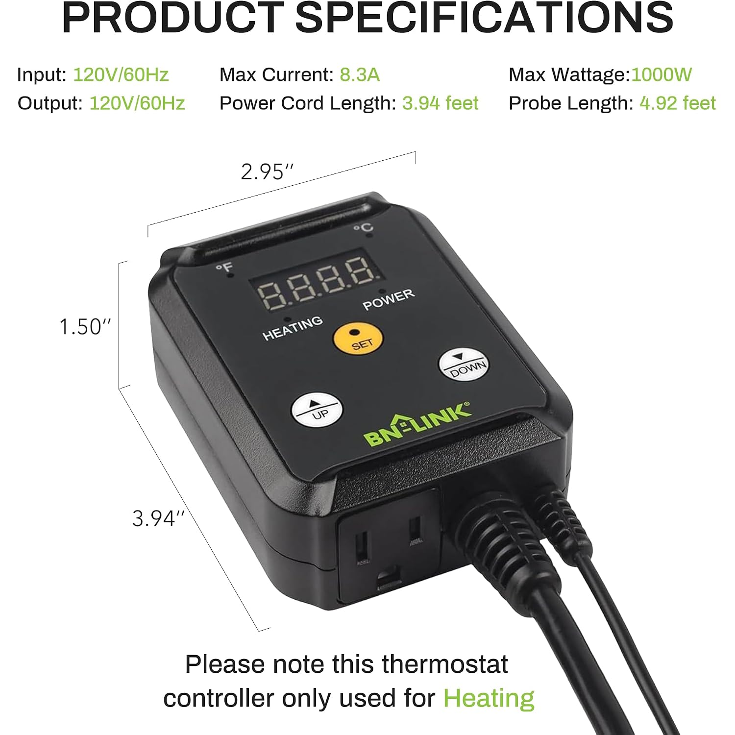 Bn-Link Reptile Thermostat Temperature Controller, Digital Heat Mat Thermostat For Seed Starting, Plant Germination, Greenhouse, Incubator, Brooder, Brewing, Reptiles Tank,40-108°F, 1000W, Etl Listed