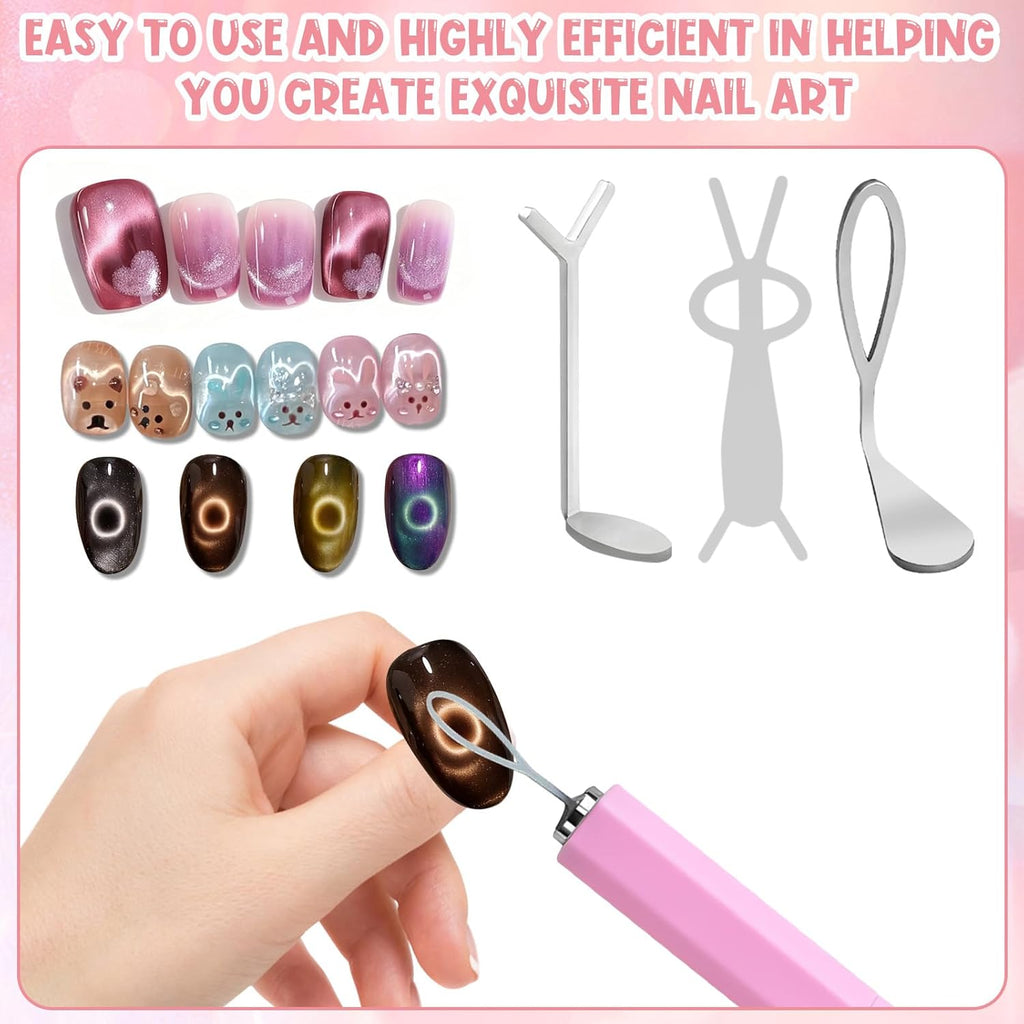 New Pink 3-in-1 Ring Cat Eye Magnet, Cateye Magnet for Nails Magnet Tool Easy to Use for Beginners & Nail Artists Various Creative Patterns Not Easily Damaged