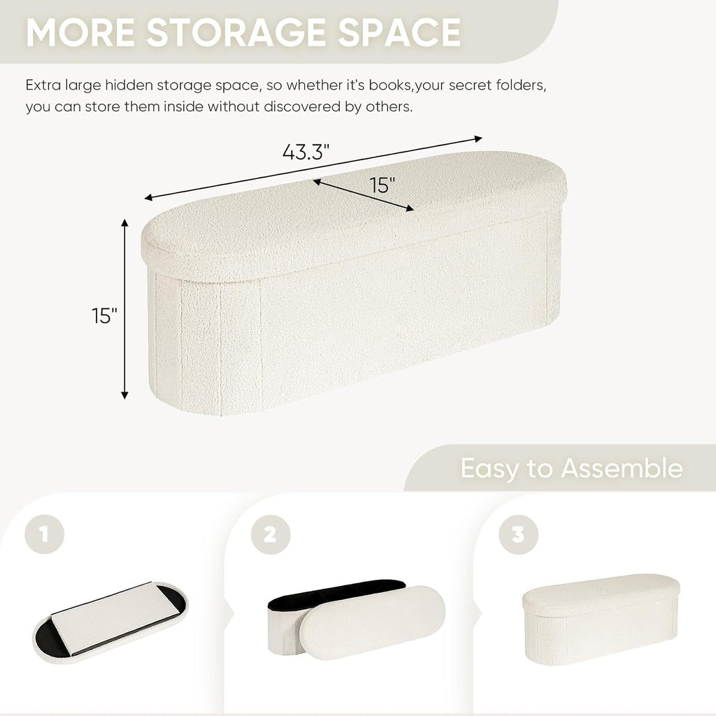 B Fsobeiialeo Ottoman With Storage For Living Room, Sherpa Folding Storage Ottoman Foot Rest, 43.3 Inches Collapsible Bedroom Bench White Cream