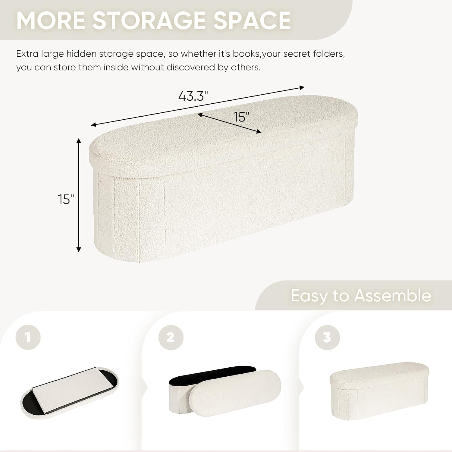 B Fsobeiialeo Ottoman With Storage For Living Room, Sherpa Folding Storage Ottoman Foot Rest, 43.3 Inches Collapsible Bedroom Bench White Cream