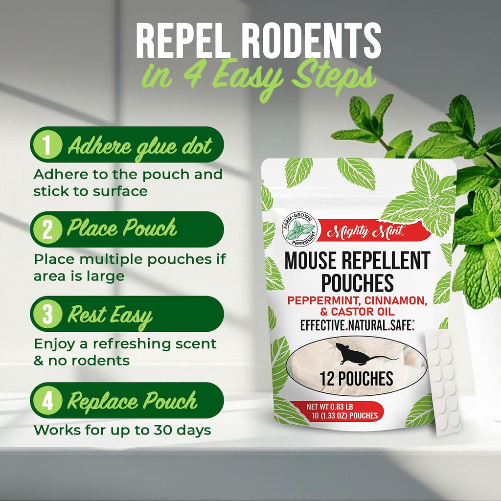 Mighty Mint Mouse Repellent Pouches – Peppermint, Castor Oil & Cinnamon Formula – Natural Indoor Deterrent For Mice And Rodents – Plant-Based, Long-Lasting Protection – 12 Count
