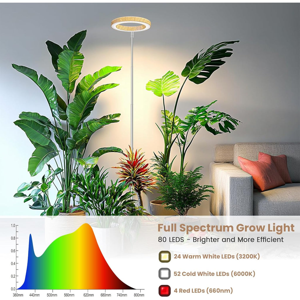 6.3In Grow Lights For Indoor Plants, Full Spectrum Plant Light | Wood Grain Grow Lamp For Tall Plants, Auto Timer & Dimmable Setting, 10-60In Height Adjustable, Stylish Indoor Garden Decor