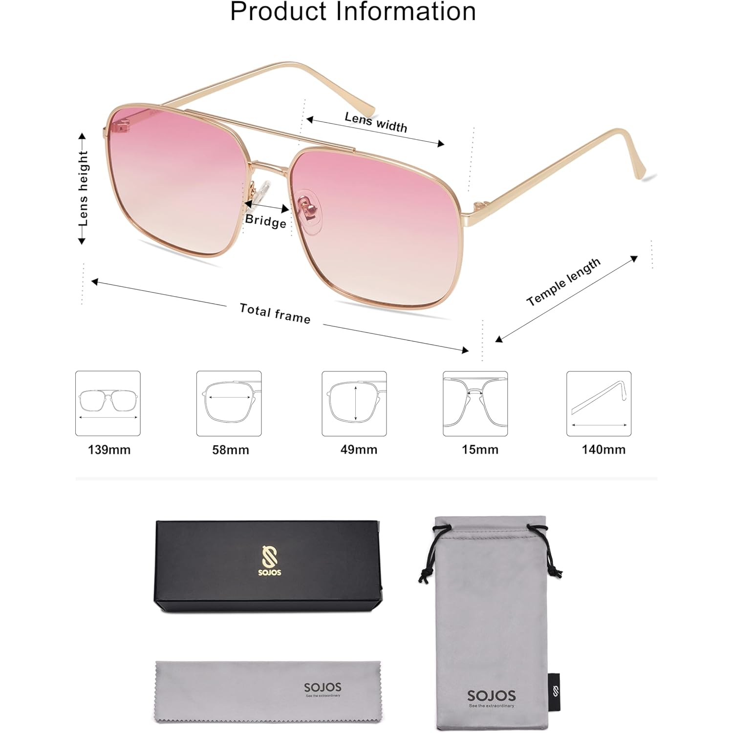 SOJOS Trendy Square Aviator Sunglasses for Women Men, Gold Frame Light Tint Gradient Shades SJ1176