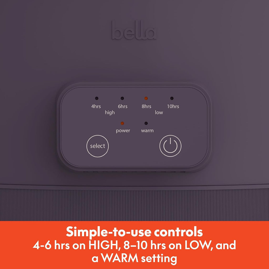 Bella 6.0 Qt Programmable Slow Cooker, Ceramic Nonstick Coating, Adjustable Temperature & Cooking Times, Dishwasher Safe Stoneware Pot & Tempered Glass Lid, Tangle Free Cord Wrap, Plum