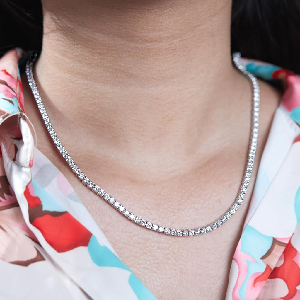 DEWBERRY 8 to 19 CTTW Round VS/FG IGI Certified Lab Grown Diamond Riviera Tennis Necklace Length 16",18", 20" & 22 inch 925 Silver 14K Gold Plated 4 Prong Set Uniform Straight Line Tennis Necklace