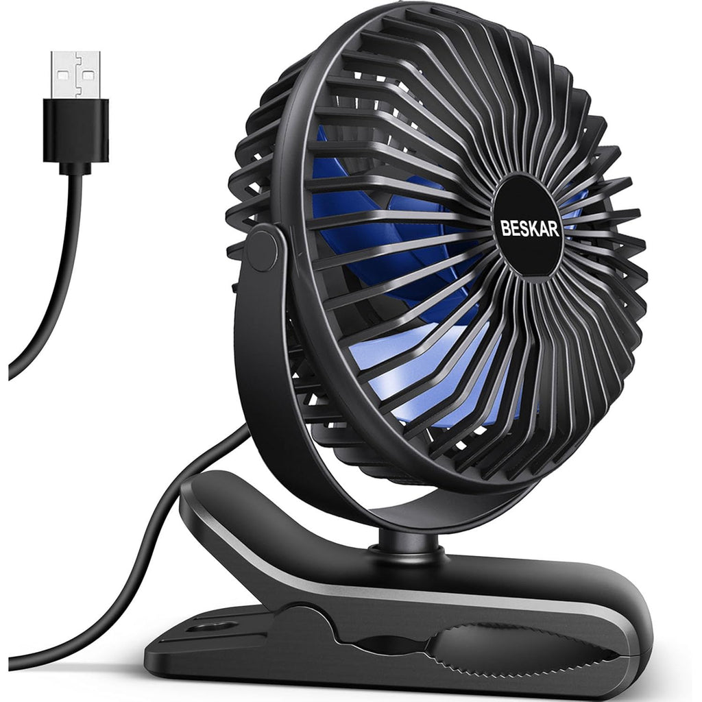 Beskar Usb Clip On Fan, Portable Small Desk Fan With Cord Powered | 3 Speeds Strong Airflow, Sturdy Clamp, Ultra Quiet Personal Cooling Fan For Office Dorm Bedroom Stroller