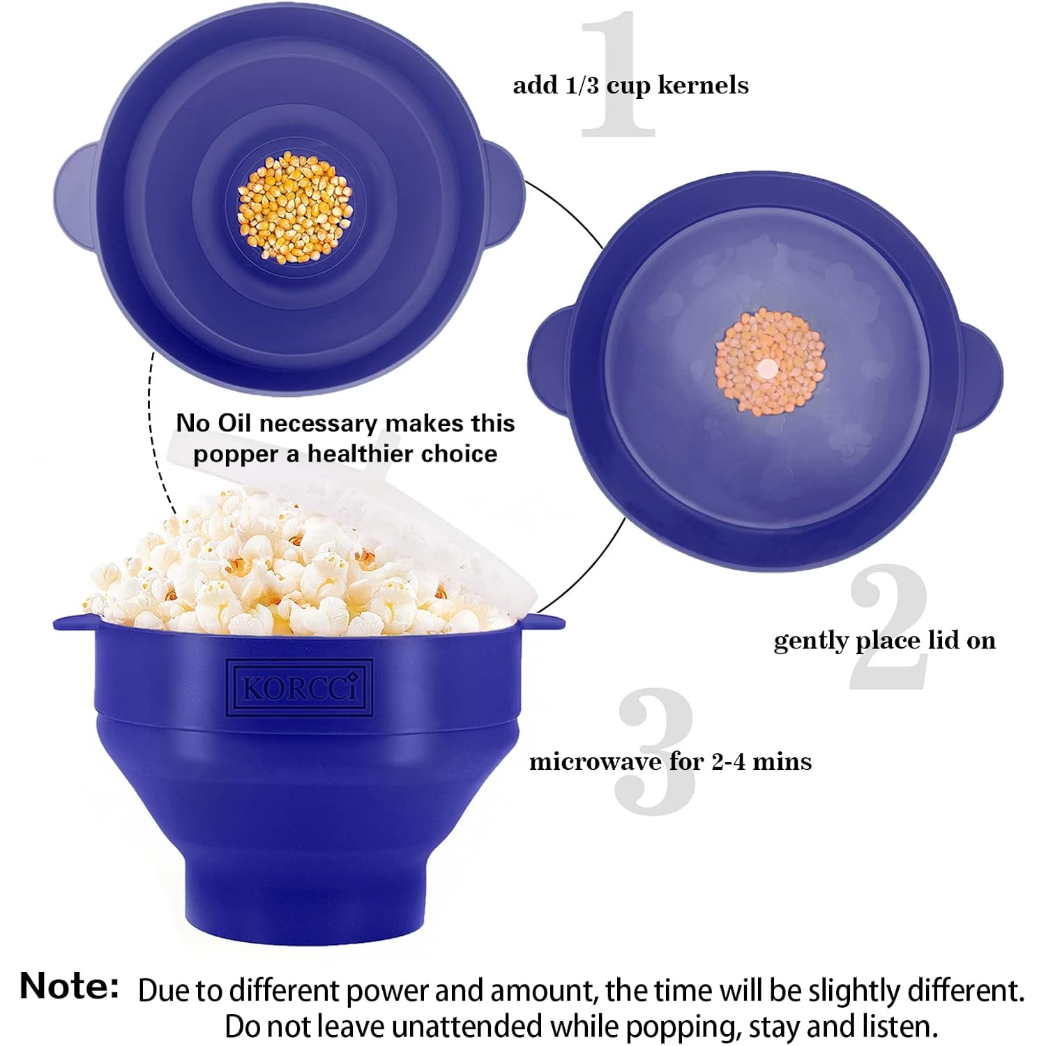 The Original Korcci Microwaveable Silicone Popcorn Popper, Microwave Popcorn Popper, Collapsible Microwave Popcorn Maker Bowl, No Oil Required, Use In Microwave, Dishwasher Safe (Blue)