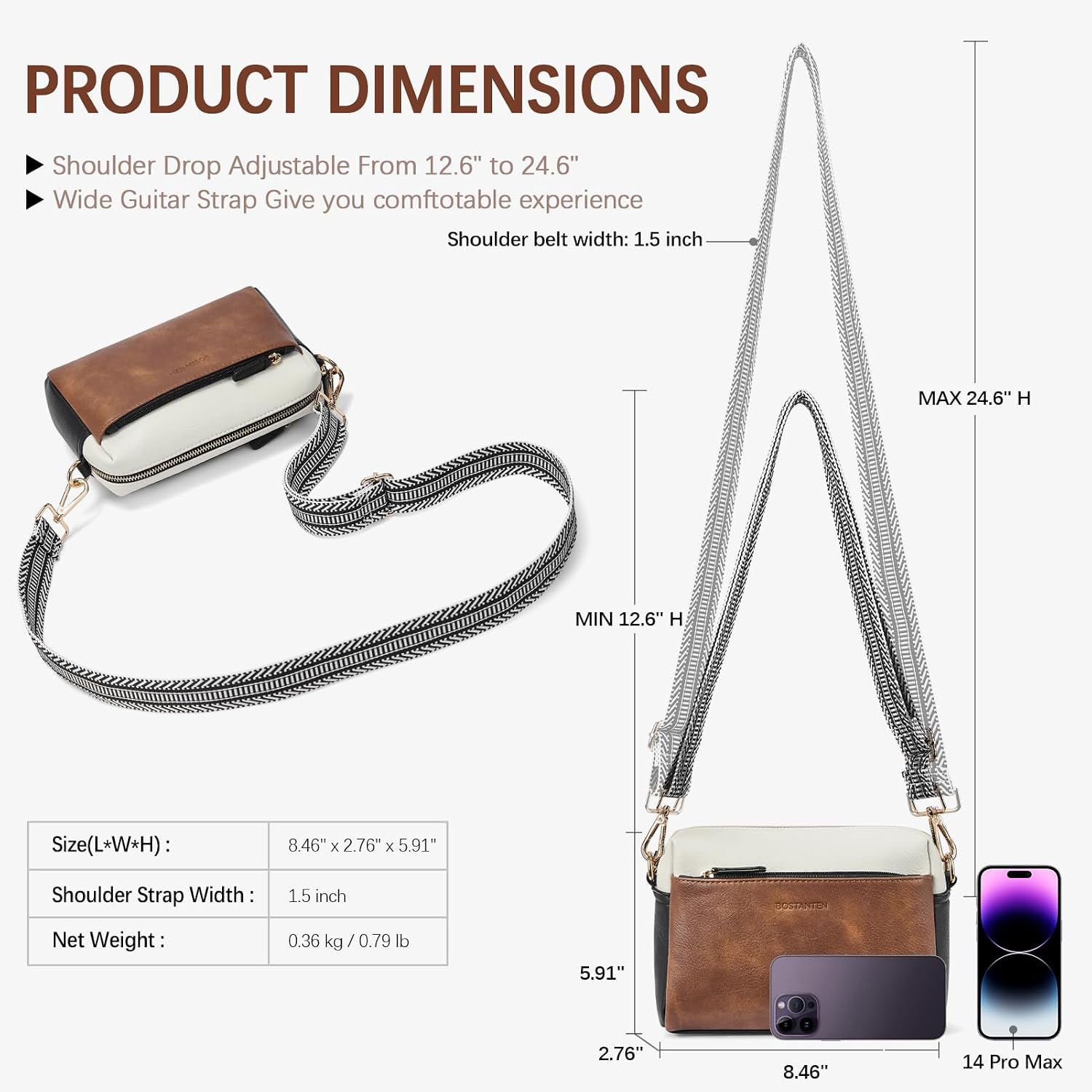 Bostanten Crossbody Purse For Women Triple Zip Cell Phone Leather Handbag With Colored Shoulder Strap