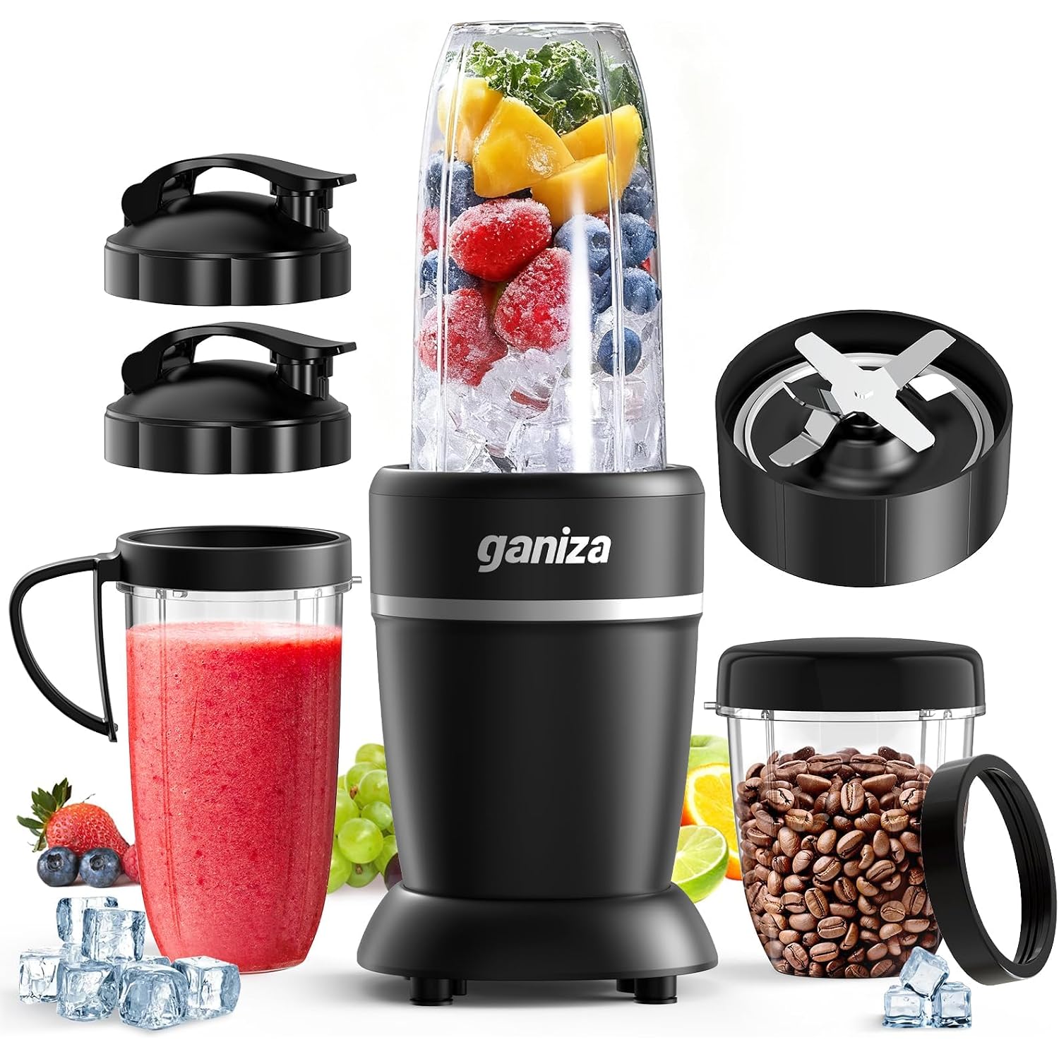 Ganiza Smoothie Blender Max 1300W, Personal Kitchen Blender & Grinder Combo | 23 Oz, (2) 37 Oz To-Go Cups, 6-Leaf Blade, Portable Maker For Smoothies, Shakes, Frozen Drinks, Sauces, Coffee Beans, Nuts