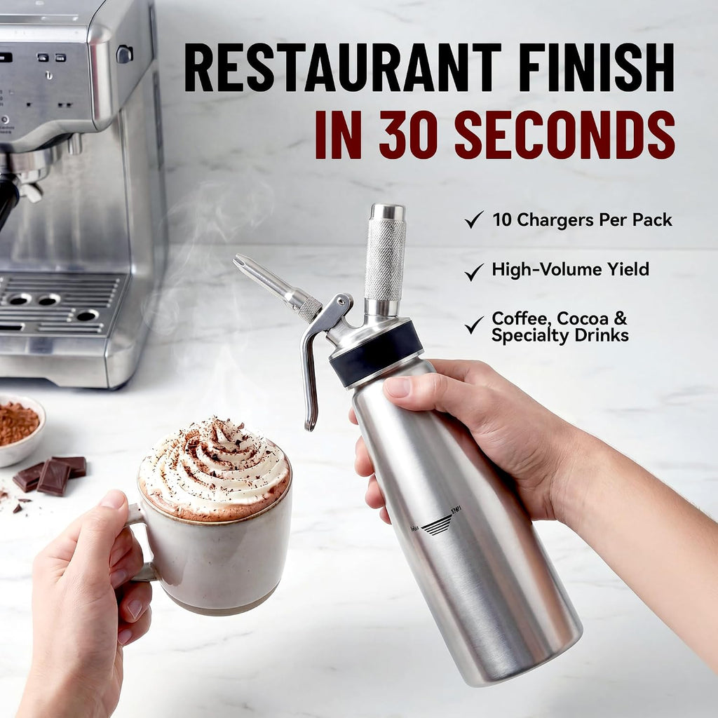 Chef Master Whipped Cream Charger (10-Pack) - N2O Cream Chargers For Professional Creams Dispensers - 8G Nitrous Oxide Cartridges - Food Grade Gas Refills For Whipping, Culinary Foams & Desserts