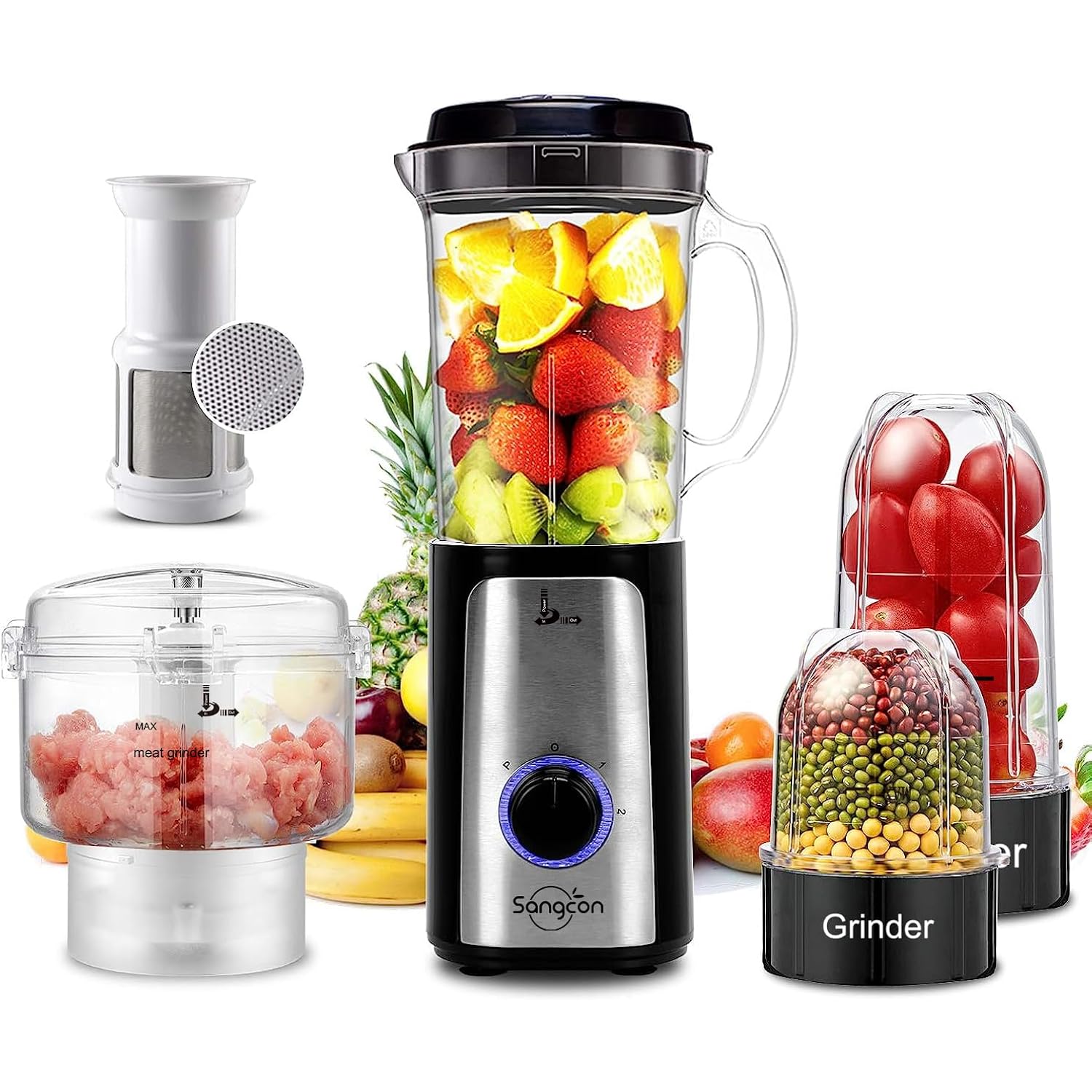 Sangcon Blenders For Kitchen, 5-In-1 Food Processor Combo For Smoothies Set | Bpa-Free 47Oz Pitcher, 2.5-Cup Bowl, 18/11Oz Cups, 3 Blades; Housewives Prep Shakes, Meat, Sauces, Salsa, Coffee, Dry Spices