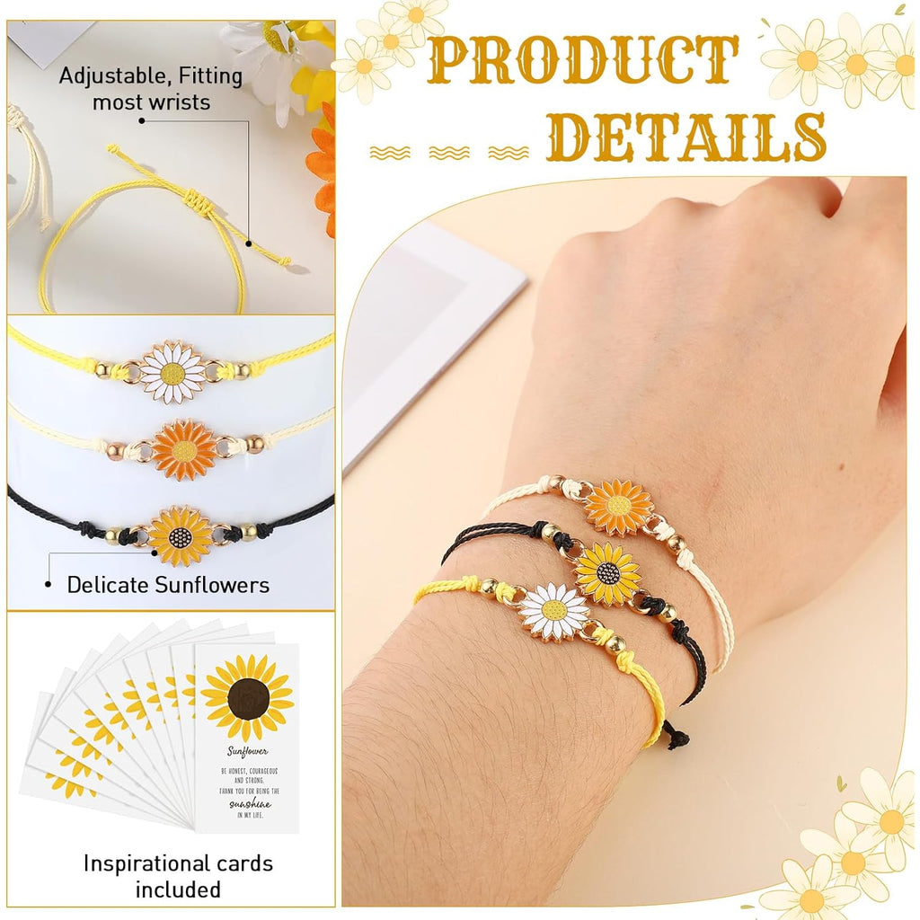 Huquary 36 Set Mother's Day Inspirational Gifts Bulk Sunflower Bracelets for Women with Thank You Cards for Mom Employee Friend Daisy Sunshine Party Favors