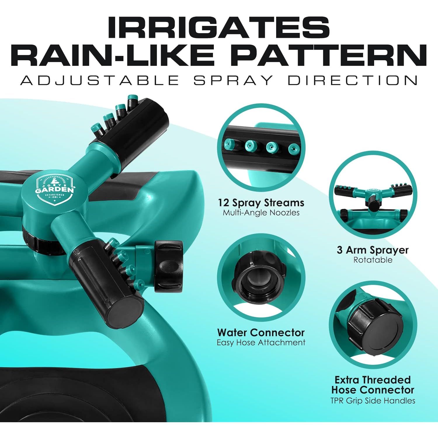 Joeys Sprinkler For Yard, Rotating Garden Sprinkler With 3 Adjustable Arms, Weighted Base, Expandable Connection, Lawn And Yard Sprinklers (Green)