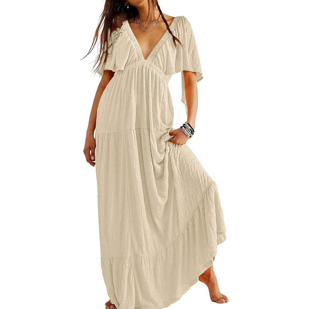 Kikibell Women Summer Dresses Sexy V-Neck Maxi Dress Tiered Silhouette With Flutter Sleeve Backless Elastic Waist Flowy Dress