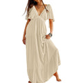 Kikibell Women Summer Dresses Sexy V-Neck Maxi Dress Tiered Silhouette With Flutter Sleeve Backless Elastic Waist Flowy Dress