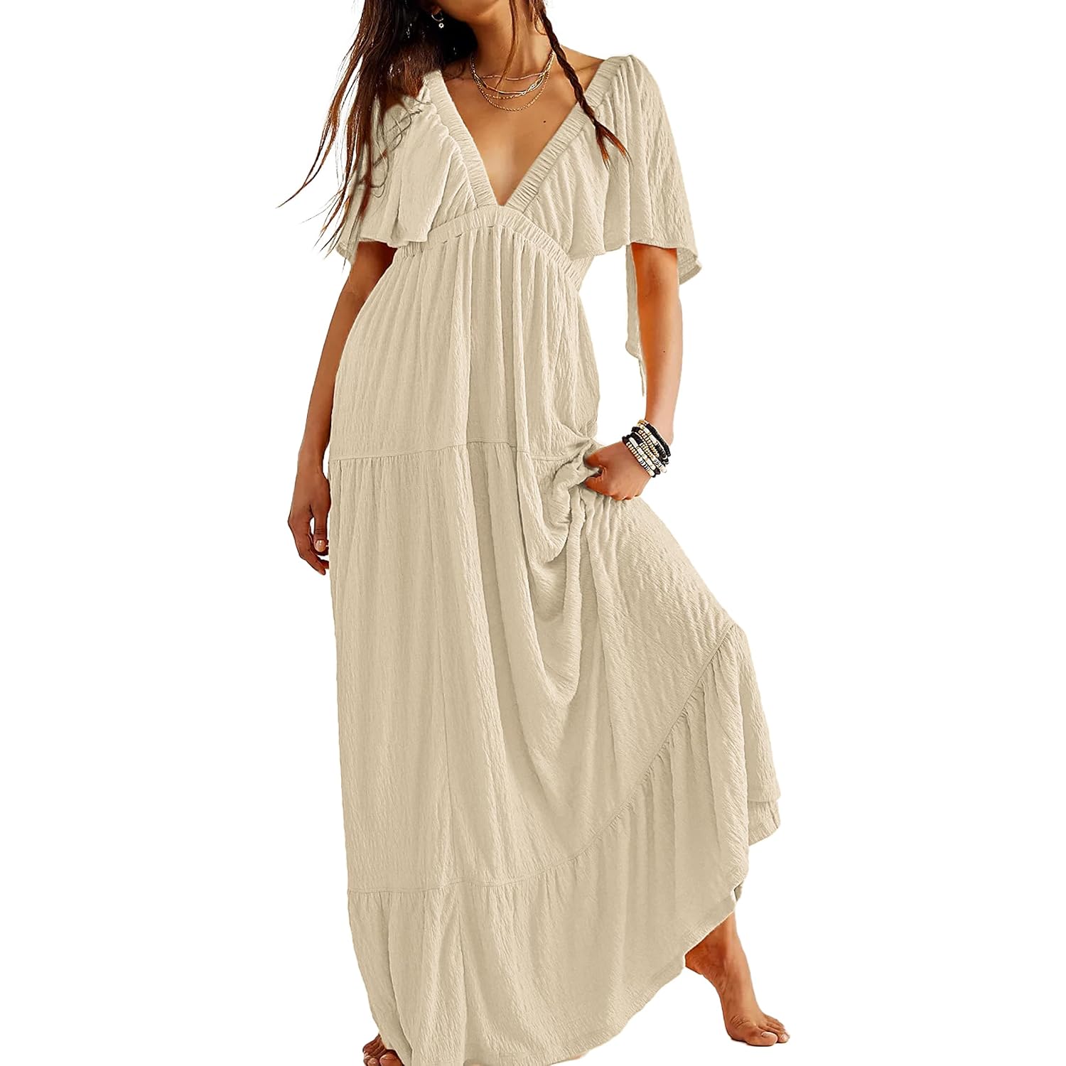 Kikibell Women Summer Dresses Sexy V-Neck Maxi Dress Tiered Silhouette With Flutter Sleeve Backless Elastic Waist Flowy Dress