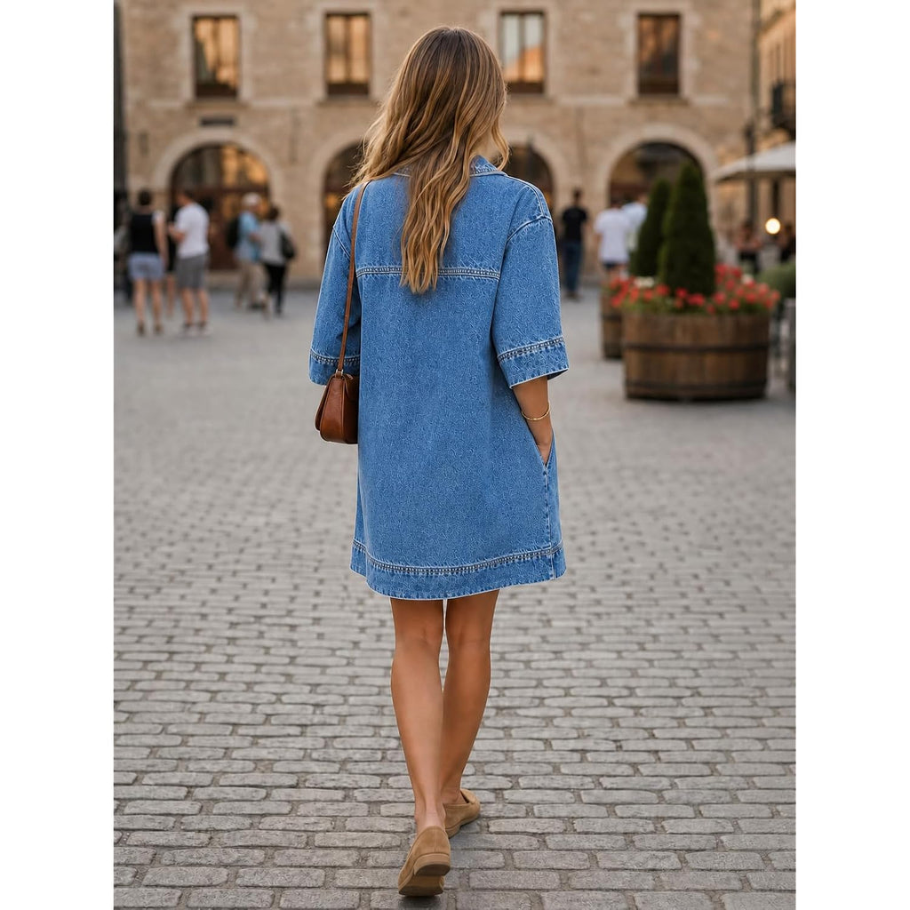 Fisoew Womens Denim Shirt Dress Summer Collared V Neck Mini Casual Jean Dresses With Pockets