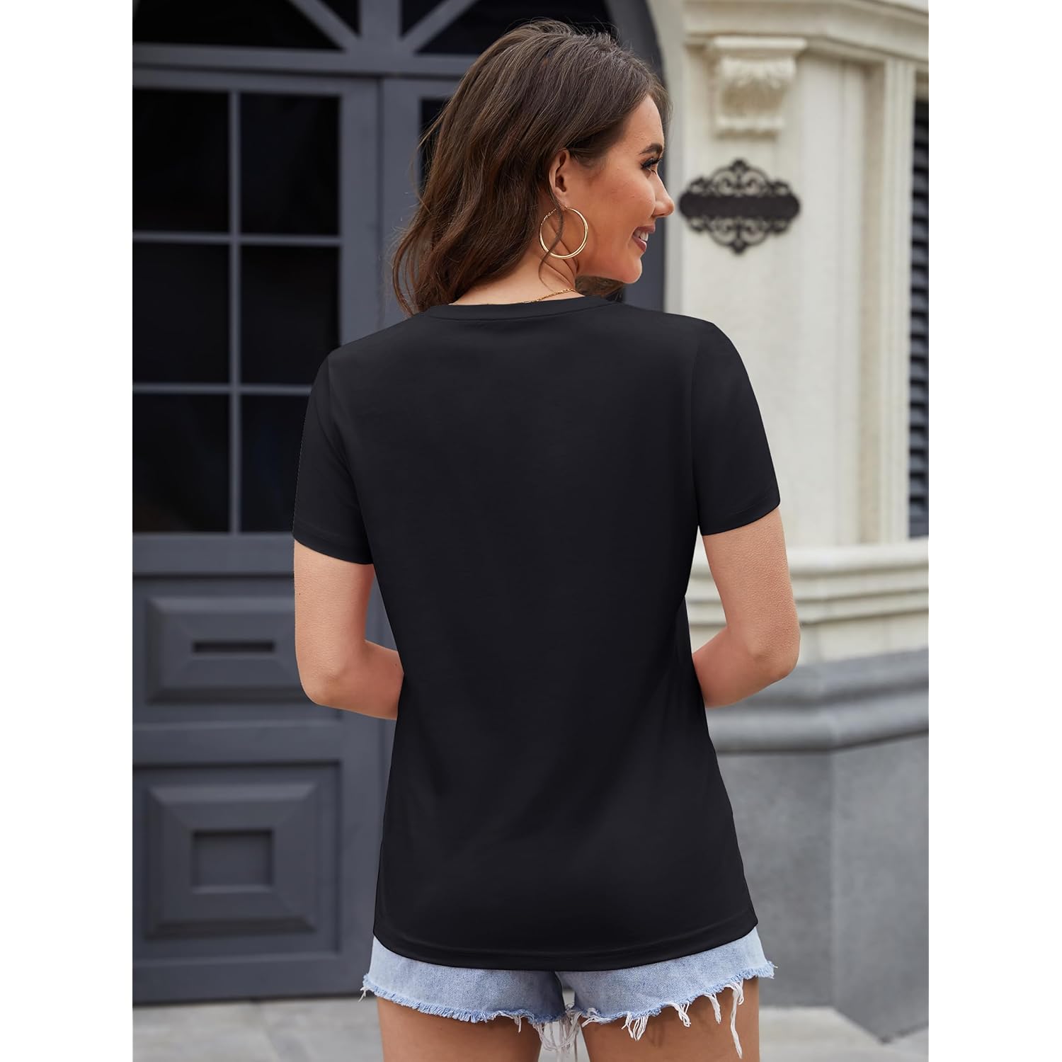 Women's Cotton T Shirt V-Neck Short Sleeve Shirt Classic-Fit Casual Breathable Tee Summer Basic Tops
