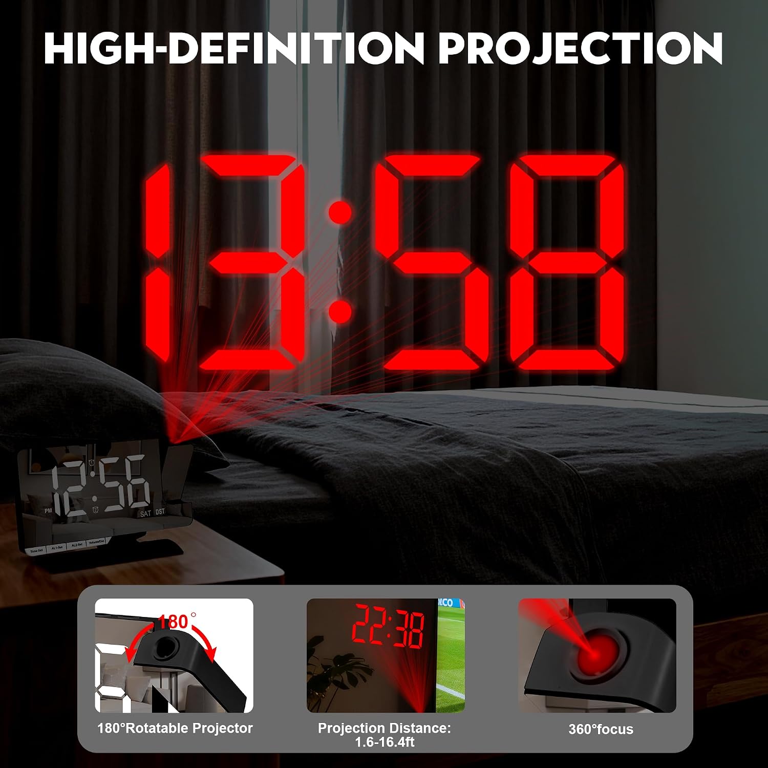 Digital Clock,Alarm Clock Bedside With Projection,7.3" Mirror Clock With 180°Rotating Projector,Dual Alarm With 3 Mode,Brightnee Adjust,Dst,Snooze,Charging Port,5 Levels Volume For Desk Teens