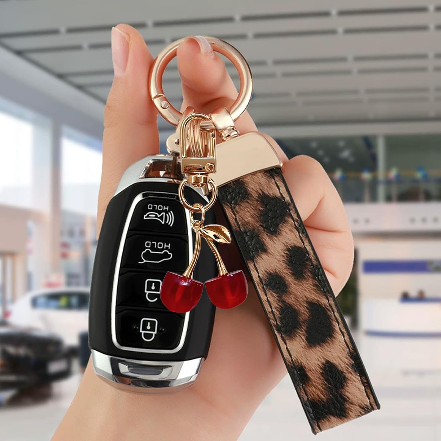 Angyape Cherry Keychain Wristlet Leather Car Keychain for Women Cute Purse Bag Charms Key Fob Holder with Keyrings Gifts