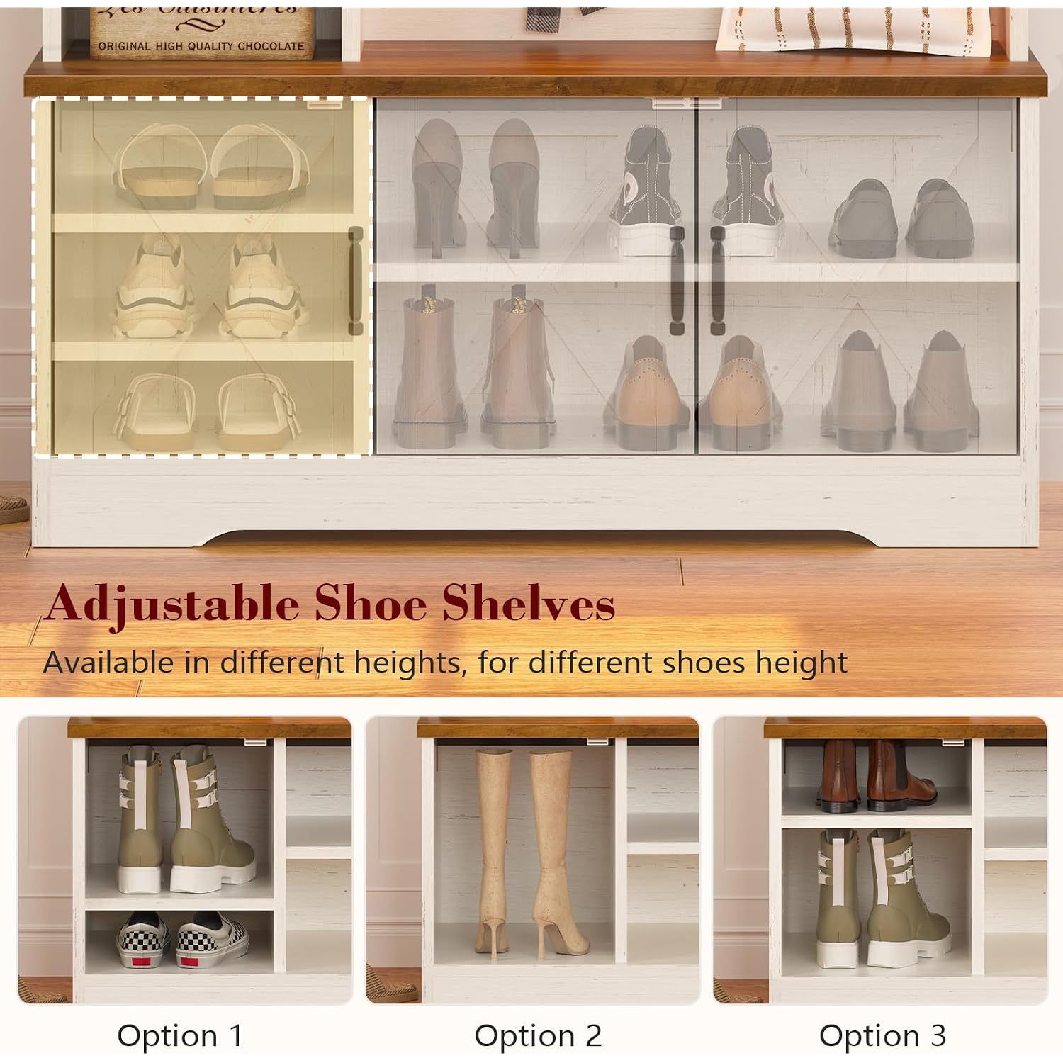 Cszzd Hall Tree With Bench And Shoe Storage, Farmhouse Entryway Bench With Coat Racks And Led Lights, Tall Hall Tree With 7 Coat Hooks, 6 Storage Cubbies, Adjustable Shelf