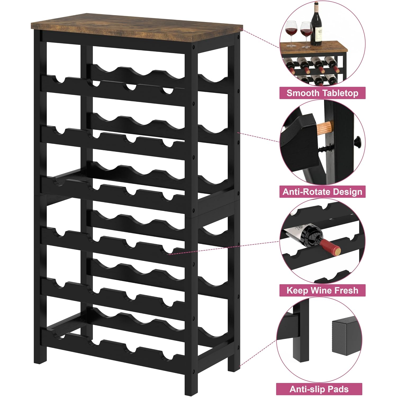 24 Bottles Wine Rack Freestanding Floor, Brown Table Top, Kitchen Cellar | Flexible 2-In-1 Design: Split Into Two 12-Bottle Countertop Wine Racks