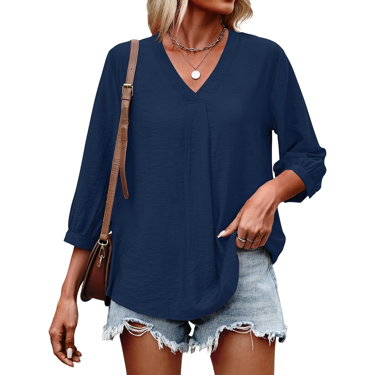 LOMON Womens 3/4 Sleeve V Neck Boho Peasant Blouses Dressy Casual Breathable Soft Tunic Tops with Button Cuffs