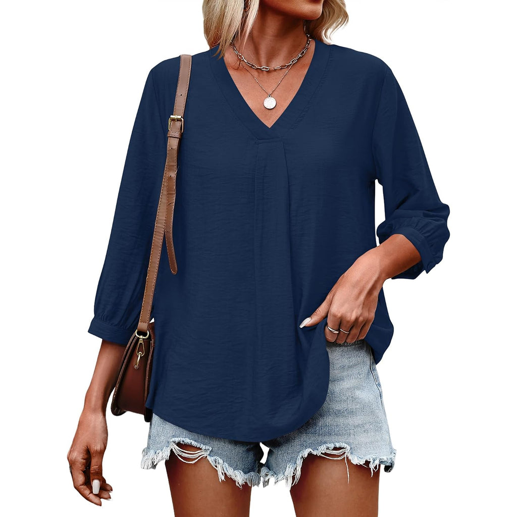 LOMON Womens 3/4 Sleeve V Neck Boho Peasant Blouses Dressy Casual Breathable Soft Tunic Tops with Button Cuffs