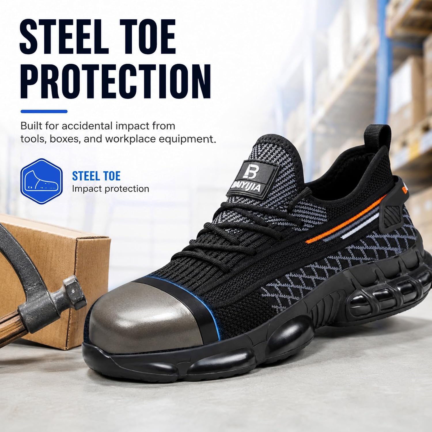 Steel Toe Work Shoes For Men Lightweight Safety Shoes With Puncture Resistant Sole Comfortable Construction Industrial Work Shoe For Warehouse