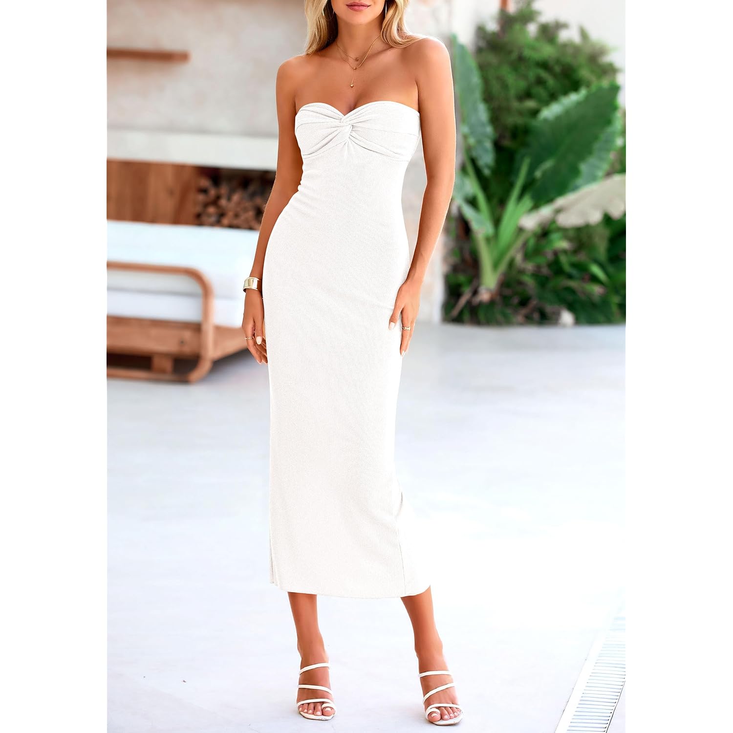 Prettygarden Women'S 2026 Summer Bodycon Maxi Dress Strapless Tube Twist Knot Front Ribbed Knit Slit Cocktail Party Dresses