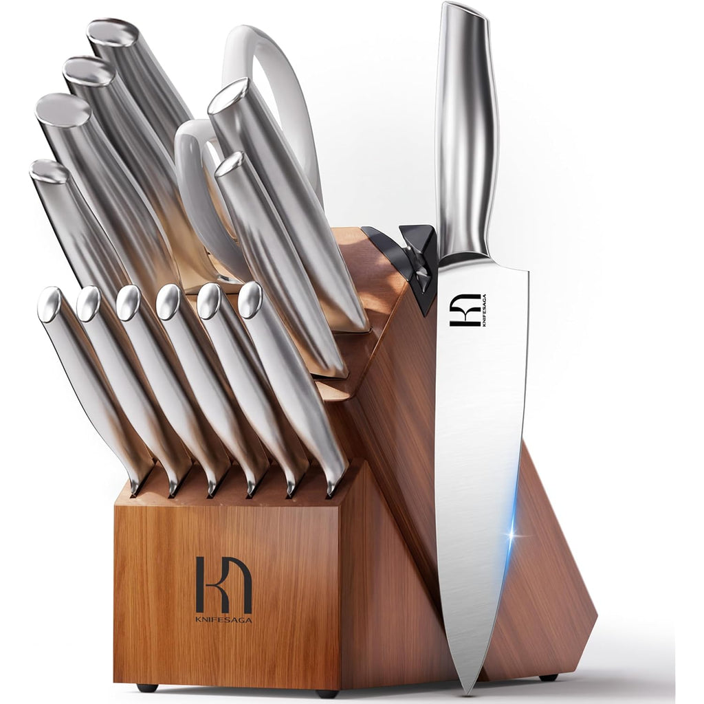 KnifeSaga Kitchen Knife Set 14 Piece Premium Japanese High Carbon Stainless Steel Knife Block Sets with Built-in Sharpener, Razor Sharp Knives Set for Kitchen, Quality Acacia Wood Block Knife Set