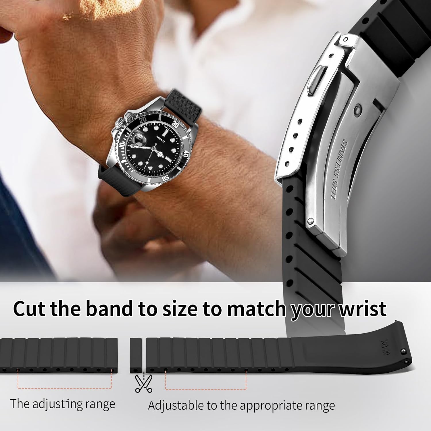 Fkm Rubber Watch Strap, Cut To Size Quick Release Fluororubber Watch Band Soft Replacement Watchband With Silver Milled Clasp For Men Women 18Mm 19Mm 20Mm 21Mm 22Mm