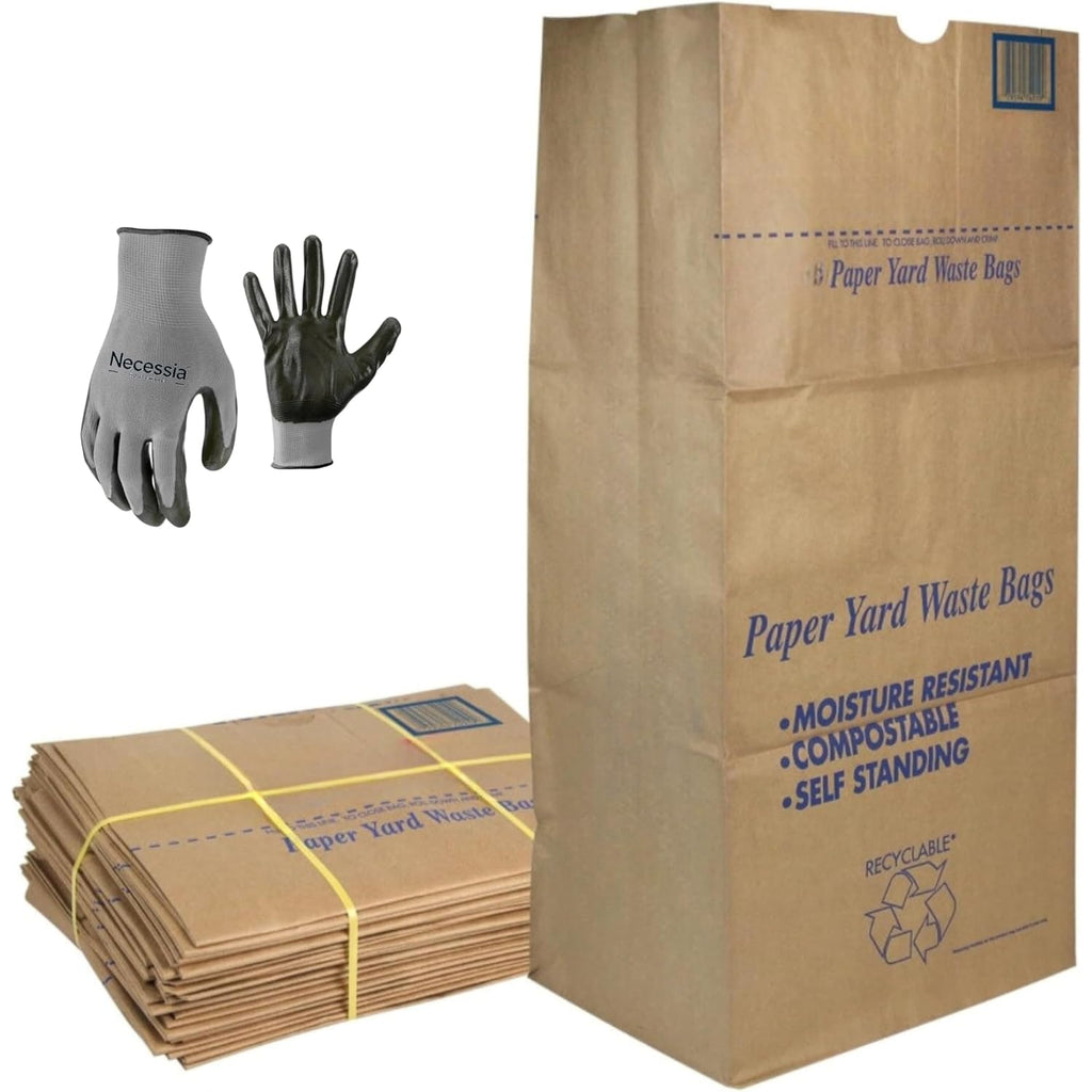 30 Gallon Lawn & Leaf 2-Ply Heavy-Duty Yard Waste Compost Refuse Paper Bags With Necessia Gardening Gloves, Eco-Friendly, Tear Resistant, Self Standing, Biodegredable, Made In Usa, 30 Count