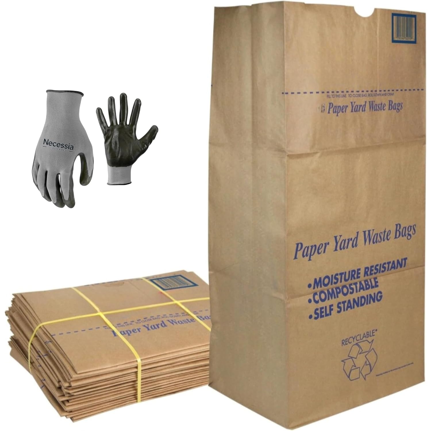 30 Gallon Lawn & Leaf 2-Ply Heavy-Duty Yard Waste Compost Refuse Paper Bags With Necessia Gardening Gloves, Eco-Friendly, Tear Resistant, Self Standing, Biodegredable, Made In Usa, 30 Count