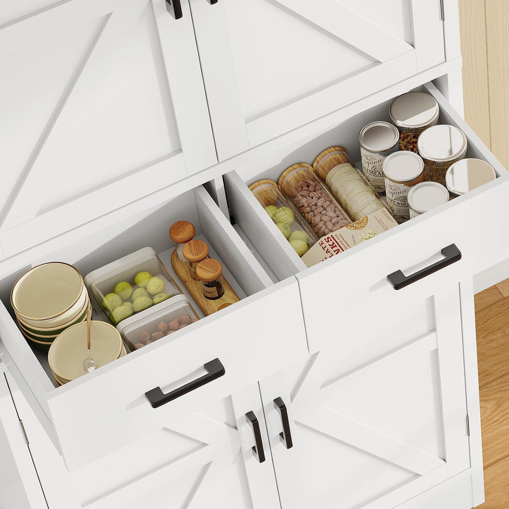 Farmhouse Pantry Cabinet, 66.9″H Tall Kitchen Storage Cabinet With Barn Doors, Adjustable Shelves & Drawer, Freestanding Cupboard For Kitchen, Dining Room, Living Room, Bathroom, White