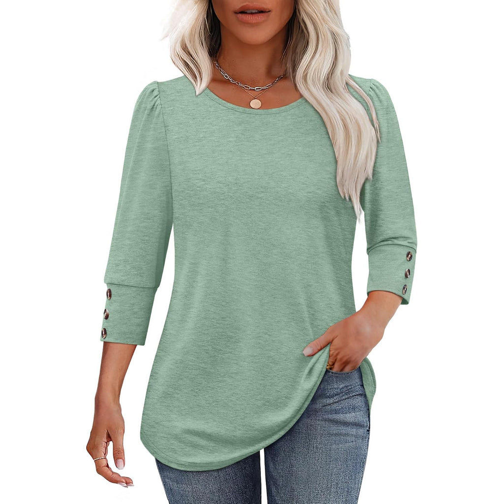 Ofeefan Womens Tops 3/4 Sleeve With Buttons Dressy Casual Blouses Summer Outfits Beach Vacation Plus Size Spring Clothes