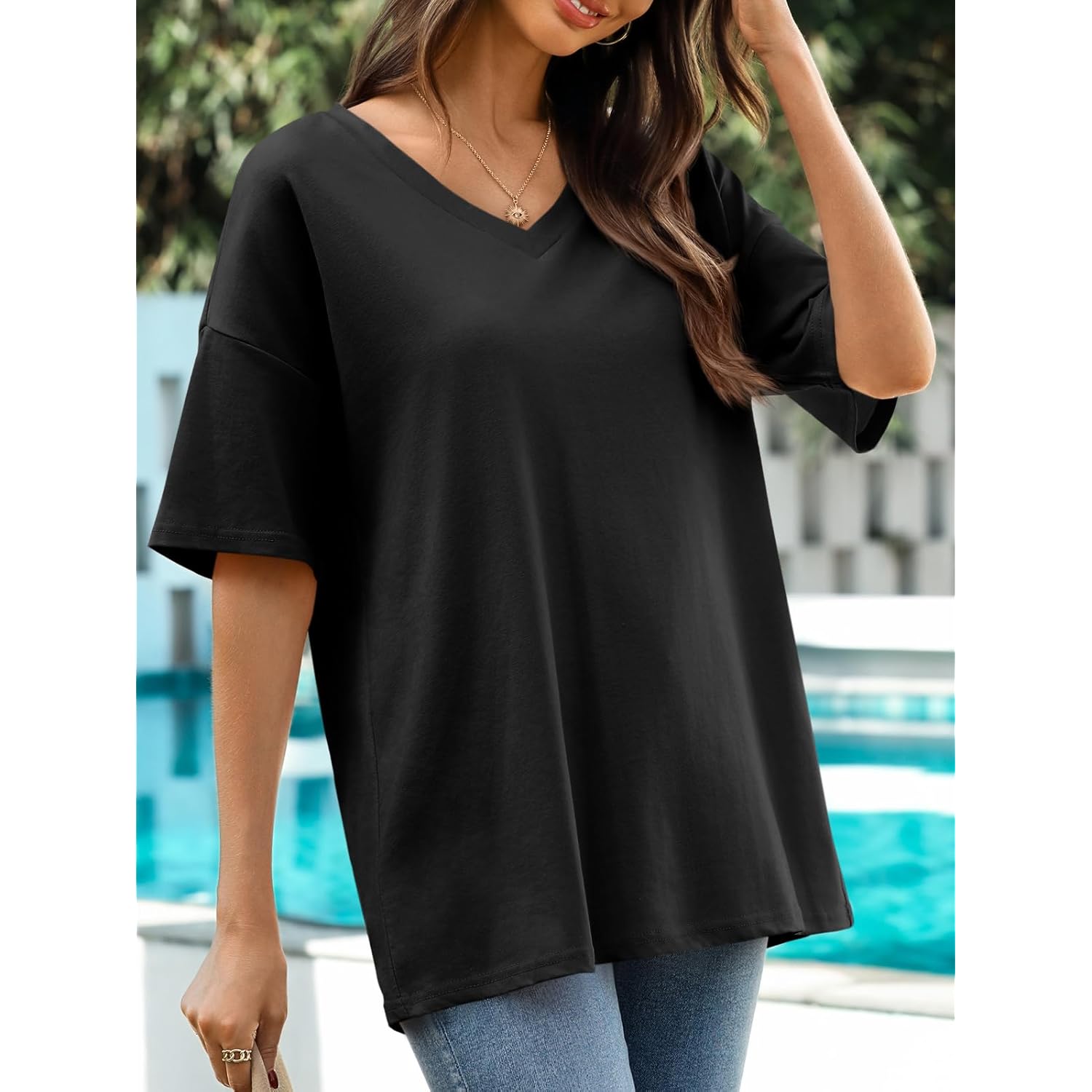 Womens Oversized Tshirts V Neck Tee Shirts Half Sleeve Loose Fit T Shirt Cotton Tunic Tops 2025