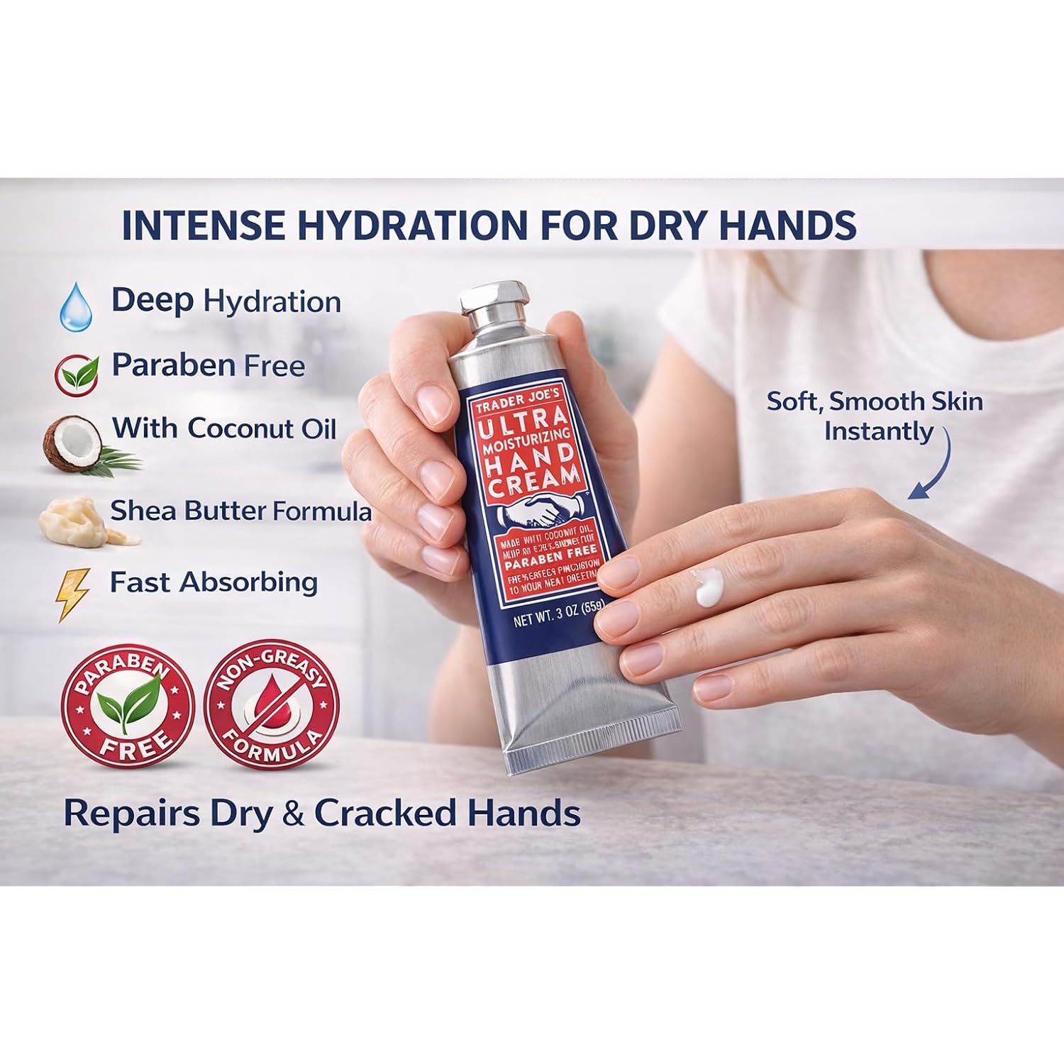 Trader Joe's Ultra Moisturizing Hand Cream with Coconut Oil, Hemp Seed Oil, 20% Shea Butter, Paraben Free, 3 Ounce