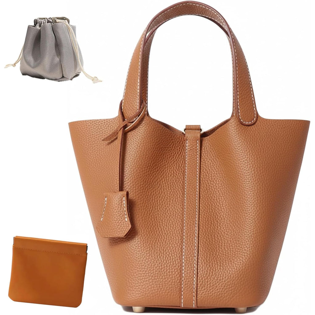 Genuine Leather Lock Design Bucket Bag Vegetable Basket, Fashionable And Versatile Satchel Handbag