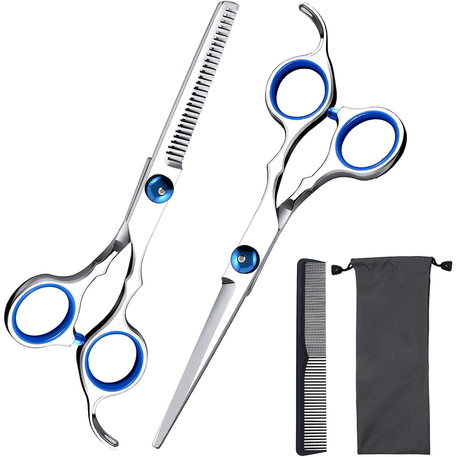 Hair Cutting Scissors Shears Set, Ekuci Professional Home Haircutting Scissors Thinning Shears Kit With Free Comb And Storage Bag For Men Women Home Salon Barber Cut Kit (Silver)
