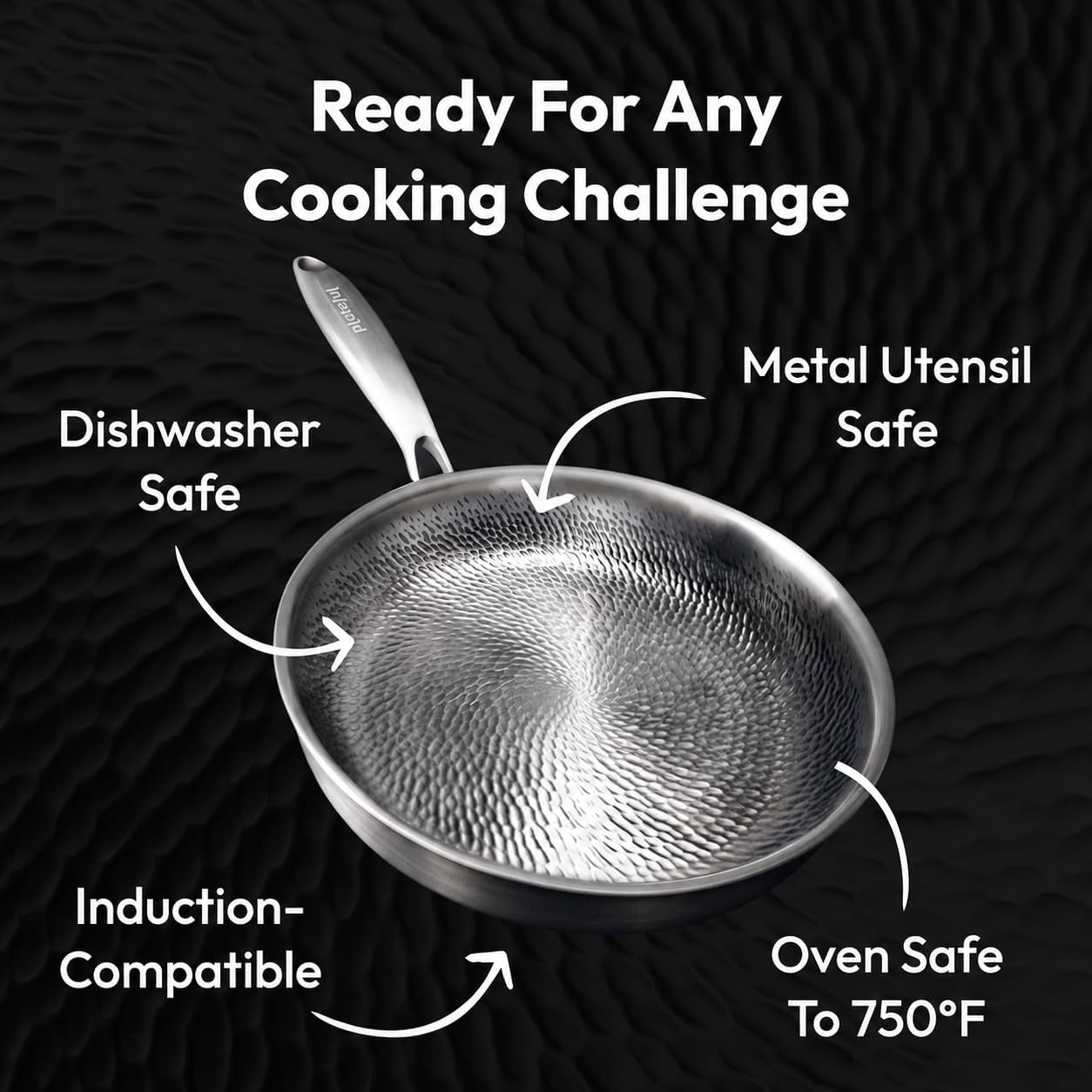 Plateful Titanium Pan For Cooking 12" - Pure, No Coating Non-Stick Titanium Cookware, Frying Pans, Hammered Pan, Safe For Oven, Induction & Cooktops Up To 750°F, Includes Lid